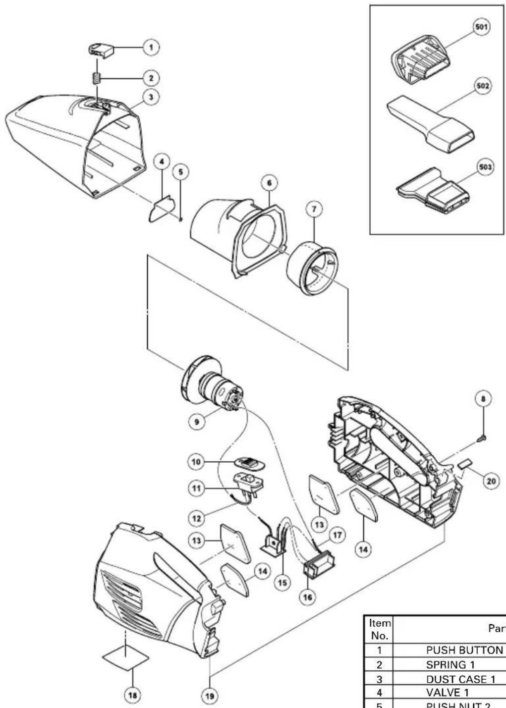 Exploded view diagram of a mechanical device with numbered parts and a list table for Part 1