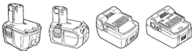 Four technical line drawings of battery pack components, no text or symbols present