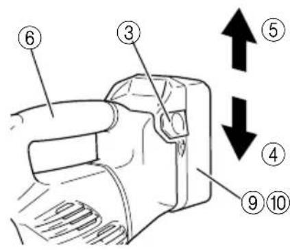 Diagram of a device with numbered parts and directional arrows indicating movement or assembly.