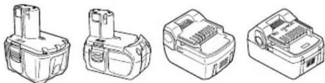 Line drawings of four different types of battery pack designs (no text or symbols)