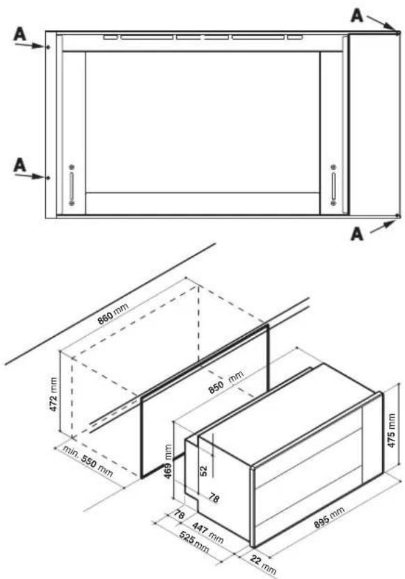A A A 860 mm 472 mm min. 550 mm 850 mm 469 mm 52 78 78 447 mm 525 mm 22 mm 895 mm 475 mm