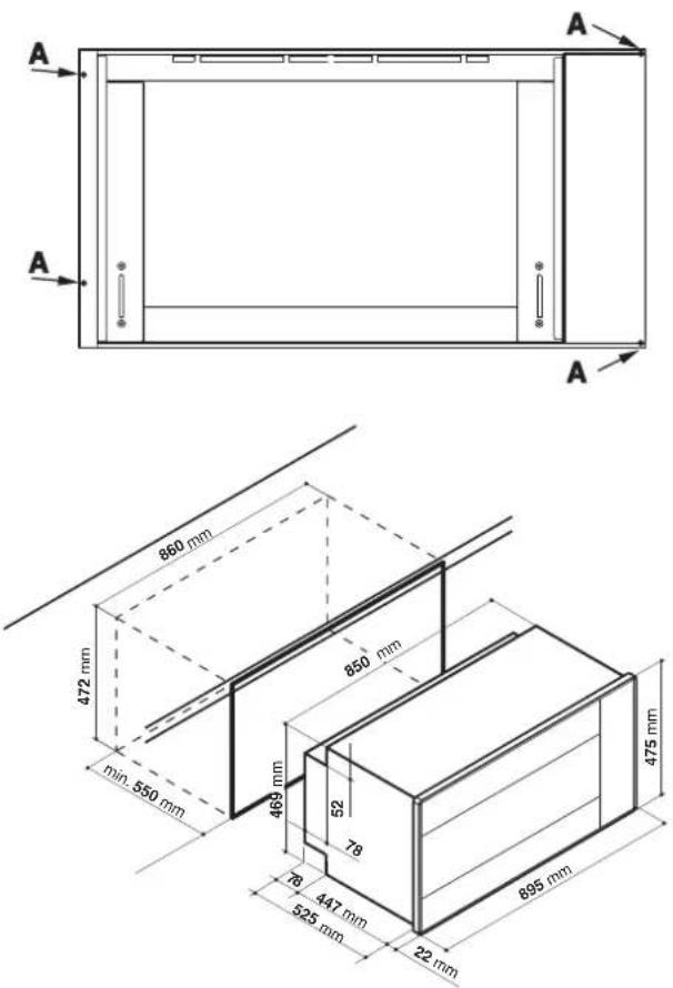 A A 860 mm 472 mm min. 550 mm 850 mm 469 mm 52 78 78 447 mm 525 mm 22 mm 895 mm 475 mm