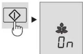Diagram showing a hand pressing a button with an exclamation mark and a plant icon next to 'On' button