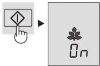 Diagram showing a hand pressing a button with an icon and a plant symbol next to the 'On' button.