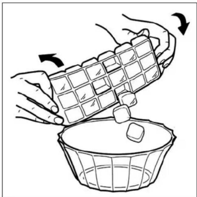 Illustration of hands placing a cube-shaped object into a basket with an arrow indicating rotation.