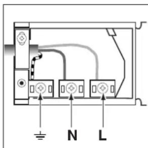 Diagram of an electrical panel with labeled terminals and connections, including symbols for N and L.