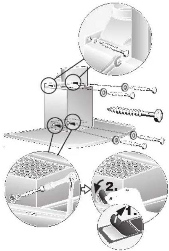 Technical diagram illustrating screw fastening process with labeled steps 1 and 2 showing tool positioning and assembly.