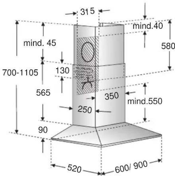 315 mind.40 mind. 45 700-1105 130 565 350 mind.550 250 90 520 600/ 900