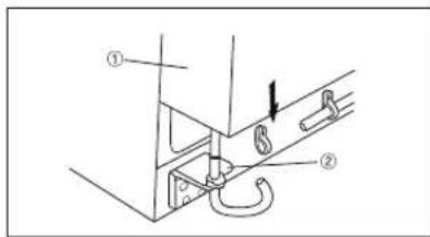 Technical diagram showing a mechanical assembly with labeled parts ① and ②, including a directional arrow indicating movement.