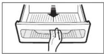 Line drawing of a hand pressing down on a tray with a handle (no text or symbols)