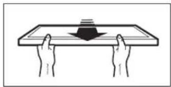 Illustration of two hands holding a rectangular object with a downward arrow, no text or symbols present