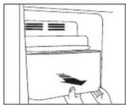 Line drawing of a hand opening a refrigerator with a downward arrow on the door (no text or symbols)