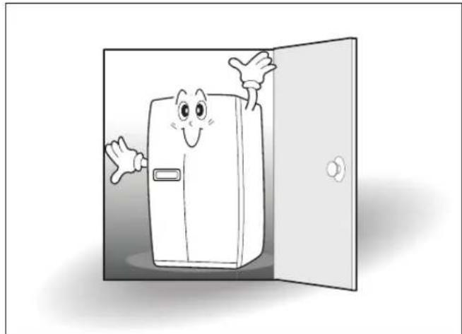 Cartoon illustration of a smiling refrigerator with arms and legs, standing inside an open door (no text or symbols)