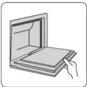 Illustration of a hand inserting or removing a stack of documents into an open storage cabinet (no text or symbols)