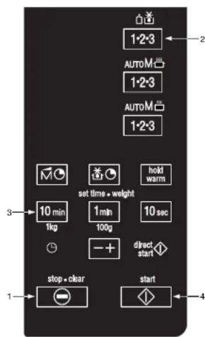 1·2·3 AUTO M 1·2·3 AUTO M 1·2·3 set time • weight hold warm 10 min 1kg 1min 100g 10 sec - + direct start stop • clear start 1 4