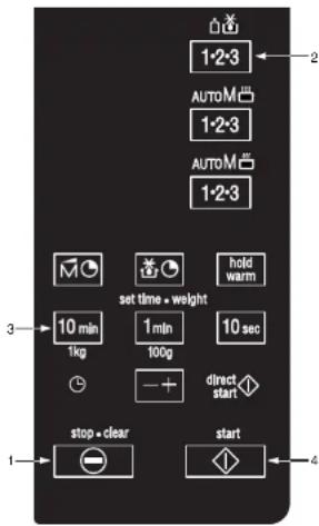 1:2-3 AUTOM 1:2-3 AUTOM 1:2-3 set time • weight hold warm 10 min 1 min 10 sec 1kg 100g direct start stop • clear start