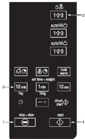 1:2:3 AUTOMc 1:2:3 AUTOMc 1:2:3 set time - weight hold warm 10 min 1 min 10 sec 1kg 100g - + direct start stop - clear start 1-4