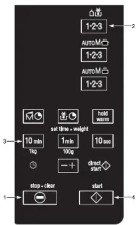 1:2:3 AUTO 1:2:3 AUTO 1:2:3 set time • weight hold warm 10 min 1 min 10 sec 1kg 100g - + direct start stop • clear start