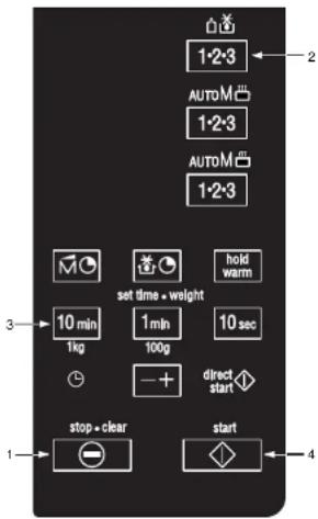 1·2·3 AUTOM 1·2·3 AUTOM 1·2·3 set time = weight hold warm 10 min 1 min 10 sec 1kg 100g direct start stop = clear start 1-4