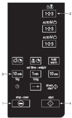 1-2-3 AUTOM 1-2-3 AUTOM 1-2-3 set time - weight hold warm 10 min 1 min 10 sec 10kg 100g direct start stop + clear start