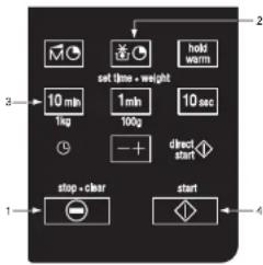 set time - weight hold warm 10 min 1 min 10 sec 1kg 100g + direct start stop - clear start