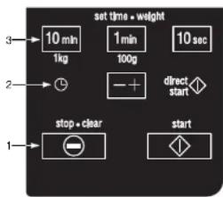 set time • weight 3 → 10 min 1kg 1 min 100g 10 sec 2 → + - + direct start stop • clear start 1 →