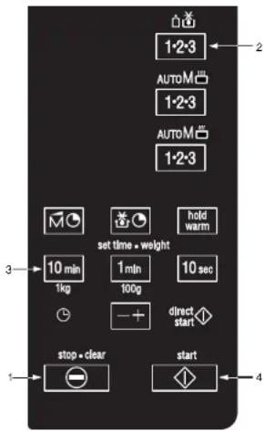 1·2·3 AUTOMi 1·2·3 AUTOMi 1·2·3 set time - weight hold warm 10 min 1 min 10 sec 1kg 100g - + direct start stop - clear start 1 2 3 4