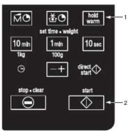 set time = weight 10 min 100g 10 sec 1kg + - direct start stop = clear start 2 hold warm 1