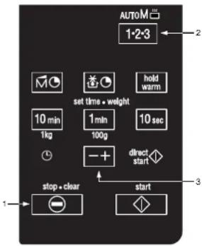 AUTOM 1-2-3 set time • weight hold warm 10 min 1min 10 sec 1kg 100g - + direct start stop • clear start 1 2 3
