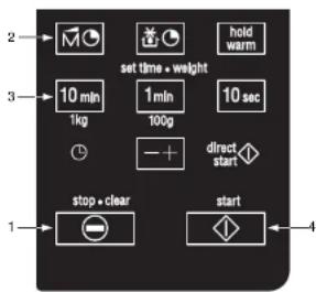 2 3 set time • weight 10 min 1kg 1min 100g 10 sec + - direct start stop • clear start