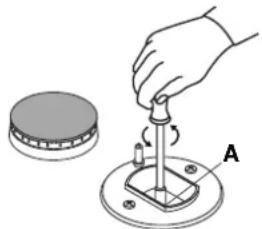 Illustration of a hand using a tool to test a component on a base, with a circular component and labeled point A (no text or symbols beyond label)
