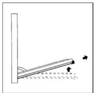 Simple line drawing of a ladder leaning against a vertical post, with arrows indicating motion direction (no text or symbols)