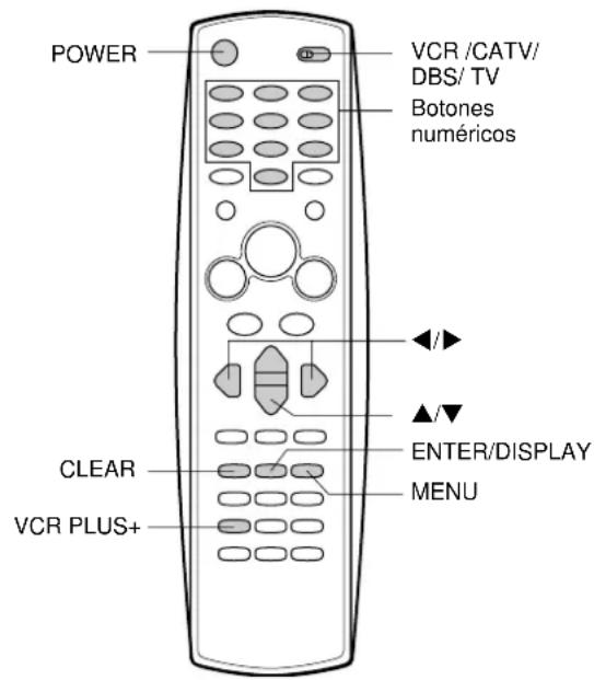 POWER VCR /CATV/ DBS/ TV Botones numéricos CLEAR VCR PLUS+ ENTER/DISPLAY MENU