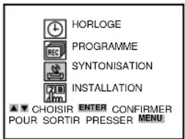 HORLOGE PROGRAMME SYNTONISATION INSTALLATION ▲▼ CHOISIR ENTER CONFIRMER POUR SORTIR PRESSER MENU