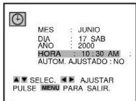 MES : JUNIO DIA : 17 SAB ANO : 2000 HORA : 10:30 AM : AUTOM. AJUSTADO : NO ▲▼ SELEC. ▶▼ AJUSTAR PULSE MENU PARA SALIR.