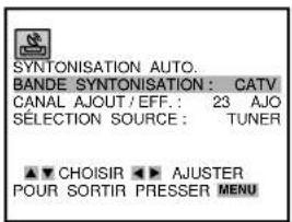 SYNTONISATION AUTO. BANDE SYNTONISATION : CATV CANAL AJOUT / EFF.: 23 AJO SÉLECTION SOURCE : TUNER ▲▼ CHOISIR ▶▼ AJUSTER POUR SORTIR PRESSER MENU