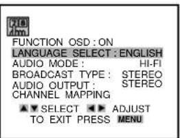FUNCTION OSD: ON LANGUAGE SELECT: ENGLISH AUDIO MODE: HI-FI BROADCAST TYPE: STEREO AUDIO OUTPUT: STEREO CHANNEL MAPPING ▼ SELECT ▶ ADJUST TO EXIT PRESS MENU