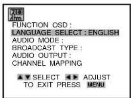 FUNCTION OSD : LANGUAGE SELECT : ENGLISH AUDIO MODE : BROADCAST TYPE : AUDIO OUTPUT : CHANNEL MAPPING ▼ SELECT ▶ ADJUST TO EXIT PRESS MENU