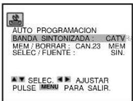 AUTO PROGRAMACION BANDA SINTONIZADA : CATV MEM /BORRAR : CAN.23 MEM SELEC /FUENTE : SIN. ▲▼ SELEC. ◀ ▼ AJUSTAR PULSE MENU PARA SALIR.