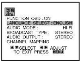 718 4km FUNCTION OSD : ON LANGUAGE SELECT : ENGLISH AUDIO MODE : HI-FI BROADCAST TYPE : STEREO AUDIO OUTPUT : STEREO CHANNEL MAPPING ▼▼ SELECT ▶▶ ADJUST TO EXIT PRESS MENU