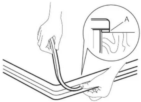 Diagram illustrating a cable or wire connection with labeled component 'A' and magnified detail view.