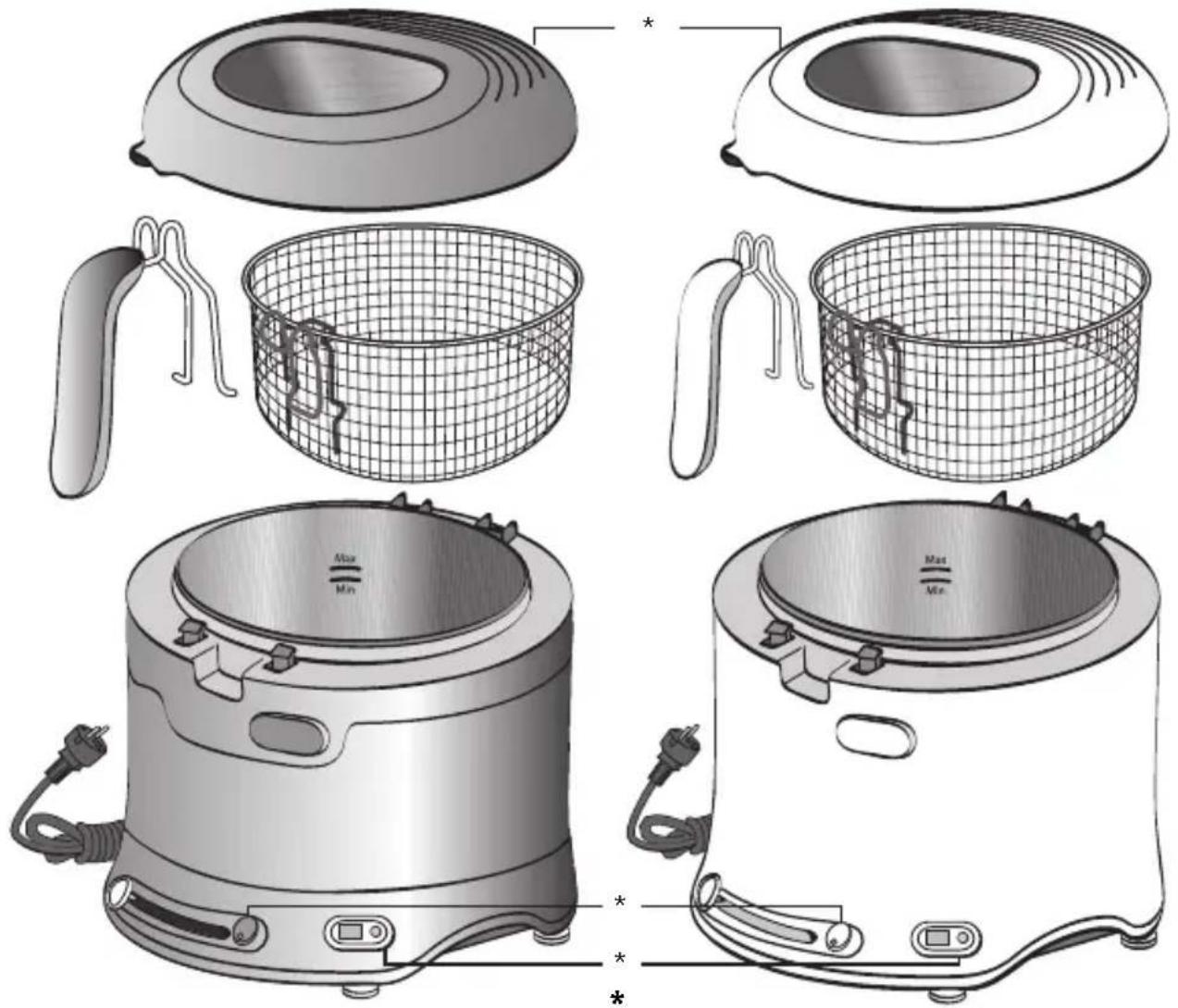 Schéma technique montrant des vues éclatées d'un appareil de cuisine avec des composants étiquetés et des pièces marquées.