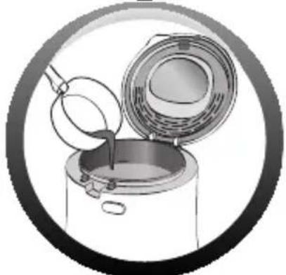 Illustration d'une casserole avec du liquide versé dans un récipient, enfermée dans un cadre circulaire (sans texte ni symboles)