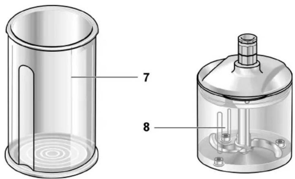 Technical diagram of a mechanical device with labeled parts, showing a cylindrical housing and a multi-cylindrical device with internal components.