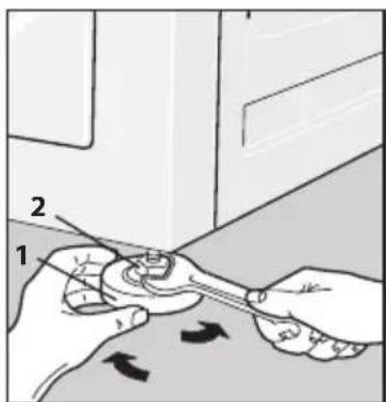 Diagram showing hands using a wrench to adjust or install a component, labeled with parts 1 and 2.