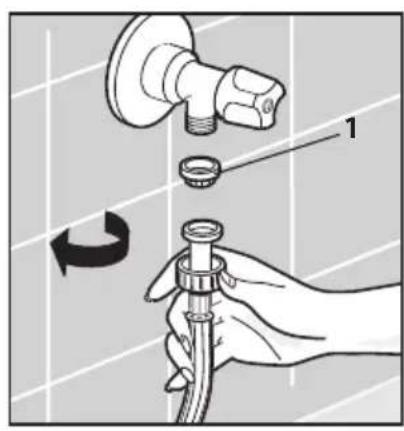 Diagram showing a hand holding a pipe fitting with a valve and a small inset component, labeled with number 1 and rotation arrow.