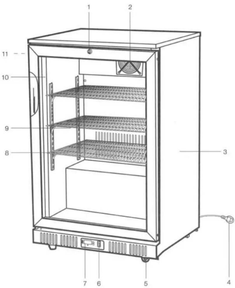 Labeled diagram of a refrigerator interior with numbered components for identification