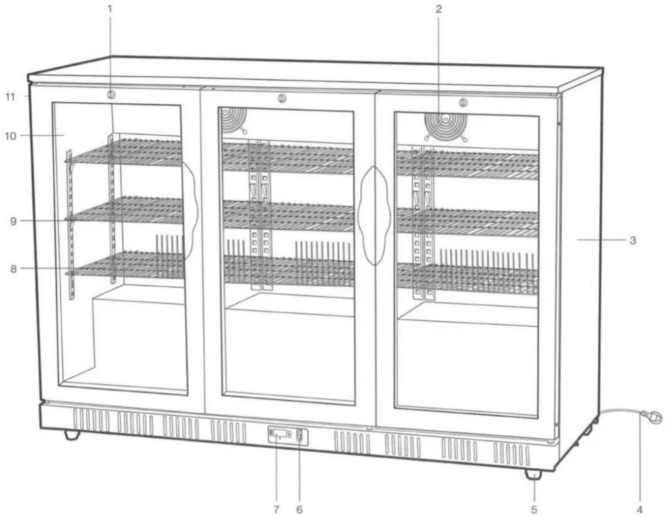 Technical diagram of a dual-chamber refrigerator with numbered compartments and labeled components