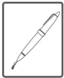 Simple line drawing of a pen with a handle and eraser, enclosed in a square frame (no text or symbols)