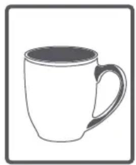 Simple line drawing of a mug with handle and side rim, no text or symbols present